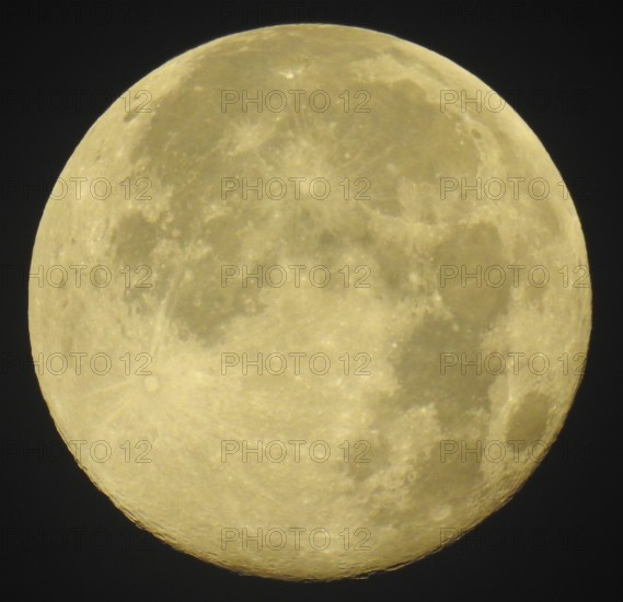 Detailed image of a full moon with visible craters and yellowish glow against a dark background, supermoon, 06.11.2025, morning in Ilsede, Lower Saxony, Germany