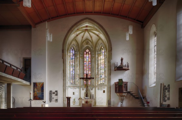 Interior view, choir room, altar, Jesus on the Cross, City Church, Bietigheim-Bissingen, Baden-Württemberg, Germany