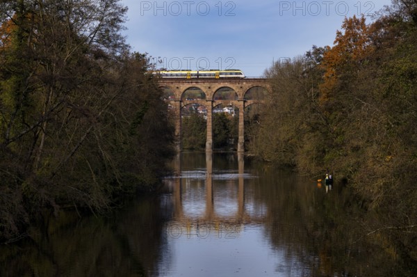 Regional train, regional train, train colors on railway viaduct, viaduct, railway bridge, across Enz river, Bietigheim-Bissingen, Baden-Württemberg, Germany