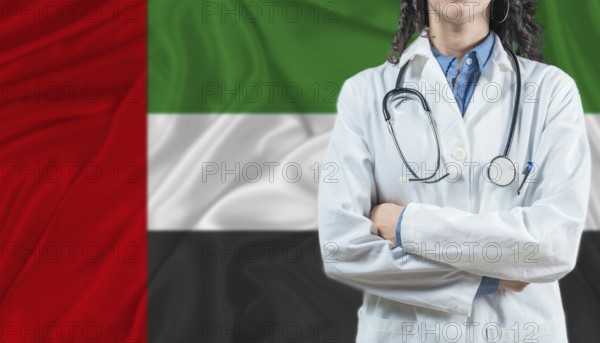 Medical professional on United Arab Emirates flag. Healthcare and wellness in United Arab Emirates, Concept