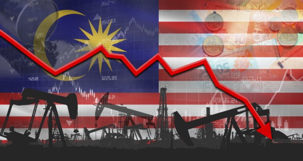 Fall oil price with Malaysian flag on economic chart, Petrol crisis with Malaysian flag on financial graph