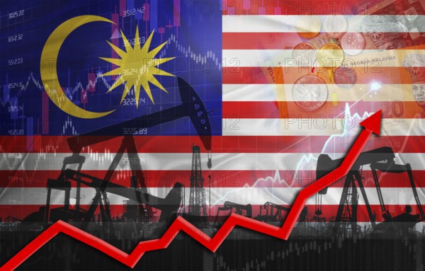 Oil production with Malaysia flag, petrol industry. Oil pumps with Malaysian flag