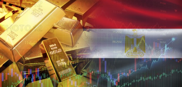 Gold bars stacked on Egyptian flag. Egypt gold reserves, Concept