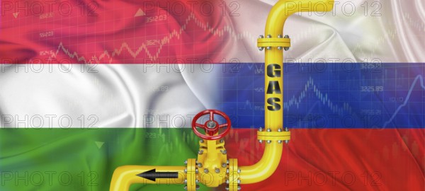 Gas pipeline with Russian and Hungary flag. Production and export of Russian gas to Hungary