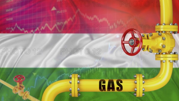 Gas pipeline with the Hungary flag in the background. Gas production with the Hungarian flag on a market chart