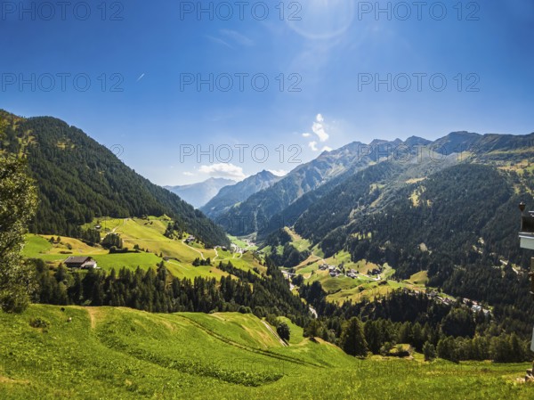 Picturesque Passeier Valley and mountain landscape with views of Rabenstein, Italian Corvara, a village of moss in Passeier, Italian Moso in Passiria, South Tyrol, Italy