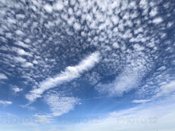 White high clouds in the upper half of the image Cirrocumulus in the center of the image, elongated Cirrus vertebratus lower right in the background Altostratus move forward under a blue sky, Germany