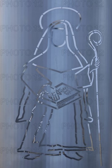 Monument with figure of Hildegard of Bingen with bishop's staff, crook, stainless steel, sheet metal, engraving, Bingen, Rhine-Hesse region, Rhineland-Palatinate, Germany