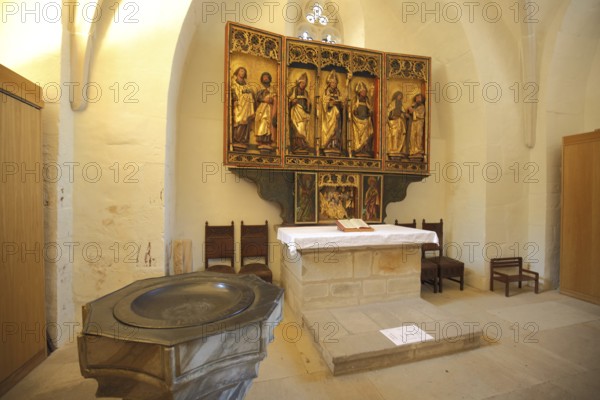 Baptismal font and folding altar, St. Petri Pauli church and baptistery by Martin Luther, handicraft, painting, interior view, Luther city Eisleben, Harz, Saxony-Anhalt, Germany