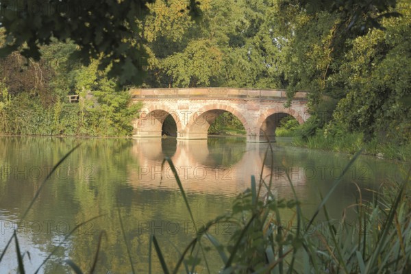 Red bridge, lake, stone arch bridge, forest, landscape, Schönbusch, Aschaffenburg, Lower Franconia, Franconia, Spessart, Bavaria, Germany