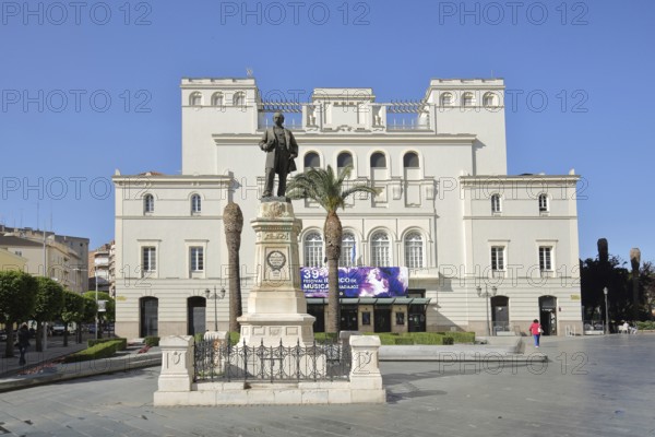 Monument with statue of Don Jose Moreno Nieto in front of the Lopez de Ayala Theatre, Plaza Minayo, Badajoz, Extremadura, Spain