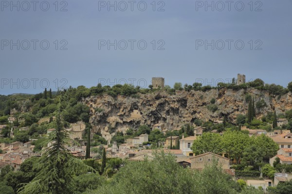 Cityscape with towers and rocks, Cotignac, Var, Provence, France