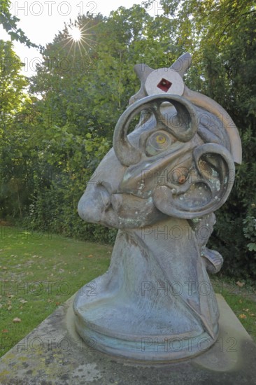 Sensilbilia sculpture by Jürgen Görtz 1992, modern art, bizarre head with big ears, castle park, Eichtersheim, Angelbachtal, Kraichgau, Baden-Württemberg, Germany