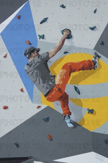 Mural climber from SEMOR, graffiti, street art, athlete, climber, climbing wall, bouldering, climbing facility, Glockenspitze, Altenkirchen, Westerwald, Rhineland-Palatinate, Germany