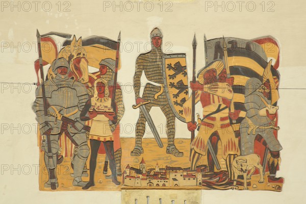 Wall painting with medieval scene, knight with shield and Baden-Württemberg coat of arms, staufes, armor, landsknecht, lances, sword, city history, Beinsteiner Tor, Waiblingen, Baden-Württemberg, Germany
