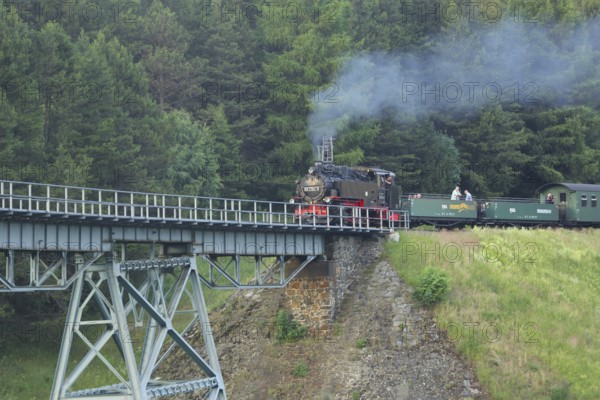 Touristic Fichtelbergbahn with steam locomotive at Hüttenbachtal viaduct, railway bridge, steam train, narrow-gauge railway, Oberwiesenthal, Mittlerer Ore Mountains, Ore Mountains, Saxony, Germany