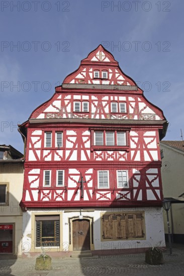 Red frame house Thaynsches Haus built 16th century with tail gable, red, Meisenheim, Rhineland-Palatinate, Germany