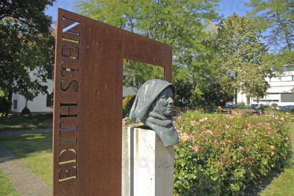 Memorial to Edith Stein, inscription, stele, bust, head, Edith-Stein-Platz, Landau in der Pfalz, Rhineland-Palatinate, Germany