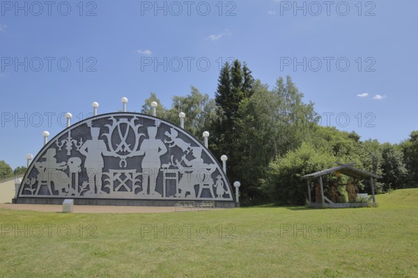 Largest traditional candle bow with mining symbol mallet, iron, hammer and lace bag for lace-making textiles, embroidery, historical, craft, Johanngeorgenstadt, Westerzgebirge, Ore Mountains, Saxony, Germany