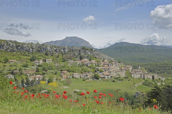 View of mountain village Trigance and landscape with mountains, poppies, Provençal Alps, Western Alps, Alps, Var, Provence, France