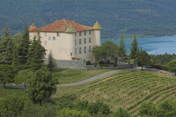 Renaissance castle with vineyards, Aiguines, Lac de Sainte-Croix, Verdon Reservoir, landscape, Provençal Alps, Western Alps, Alps, Var, Provence, France, euro