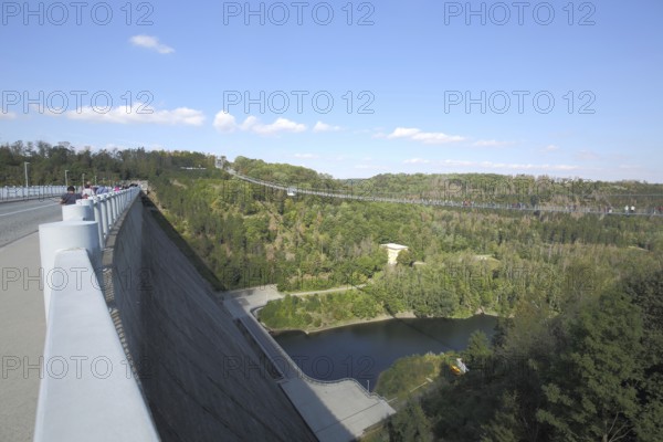 Titan-rt pedestrian suspension bridge with 485 m length, Rappbode dam, tourist attraction, Rappbode reservoir, dam, river, Bode, valley, landscape, Harz, Saxony-Anhalt, Germany