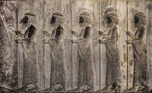 Relief detail of the delegation of peoples bringing gifts to Darius on the stairs of the Apadana Palace, Persepolis