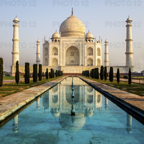 Taj Mahal after sunrise, most famous building of the Mughal period in Agra