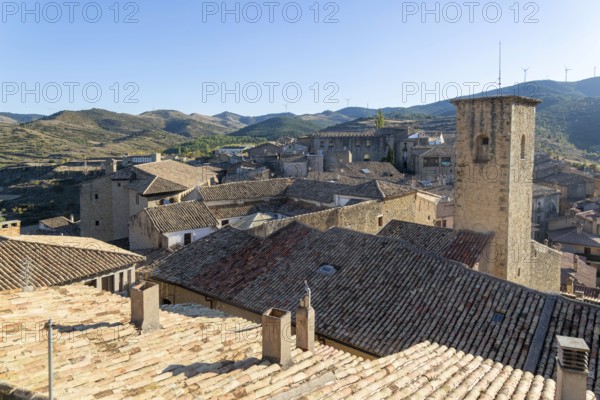 View over rooftops medieval village of Sos del Rey Católico, Cinco Villas district, Zaragoza province, Aragon, Spain
