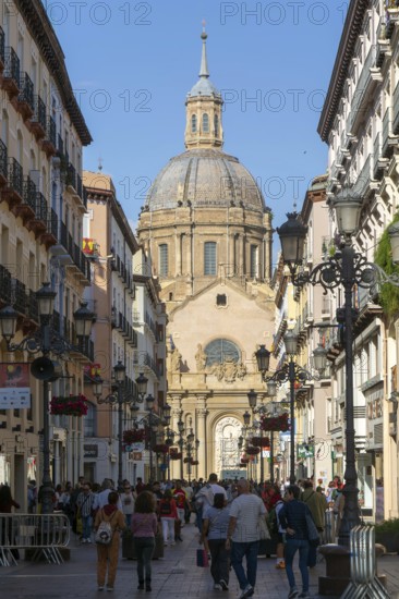 View of Basilica of Our Lady of the Pillar cathedral church from Calle de Alfonso I, Zaragoza, Aragon, Spain
