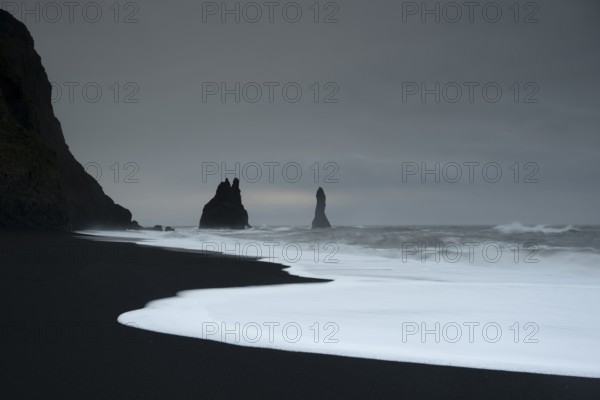 Beach, fog, morning, Black Beach, Dyrholaey, Iceland