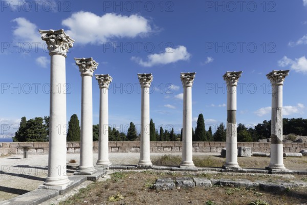 Middle terrace, Apollo temple columns, Asclepieion, Latin Aescupium, three terraces, place of worship of Asclepios, god of healing art, ancient hospital, archaeological excavation 1902-1904, island of Kos, Dodecanese islands, Greece, eastern Adriatic, Mediterranean