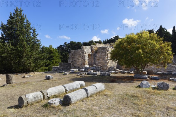 Lower terrace, with remains of the colonnades, stoa, living rooms at the back, Asclepieion, Latin Aescupium, three terraces, place of worship of Asclepios, god of healing art, ancient hospital, archaeological excavation 1902-1904, island of Kos, Dodecanese islands, Greece, eastern Adriatic, Mediterranean