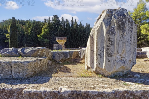 Upper terrace, remains of the temple of Asclepios, Asclepieion, Latin Aescupium, three terraces, place of worship of Asclepios, god of healing art, ancient hospital, archaeological excavation 1902-1904, island of Kos, Dodecanese islands, Greece, eastern Adriatic, Mediterranean