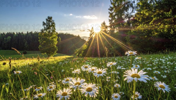 A sunlit meadow with daisies against a forest backdrop under a blue sky, Late summer country landscape with daisies meadow and sunbeams, forest in blurred background, hilly landscape in sunrise or sunset, tranquil nature template or poster for beauty of nature, AI generated