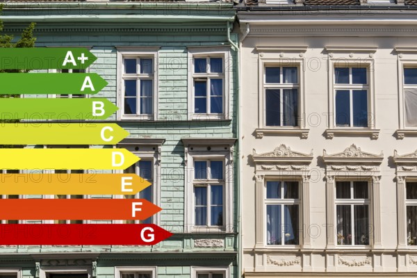 Street with old buildings from the Wilhelminian period, graphic with energy efficiency classes for buildings according to the GEG, Wuppertal, Germany