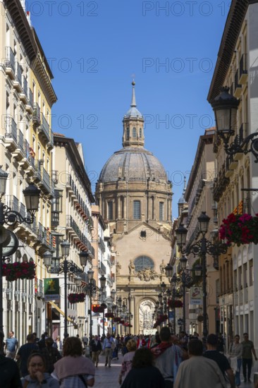 View of Basilica of Our Lady of the Pillar cathedral church from Calle de Alfonso I, Zaragoza, Aragon, Spain