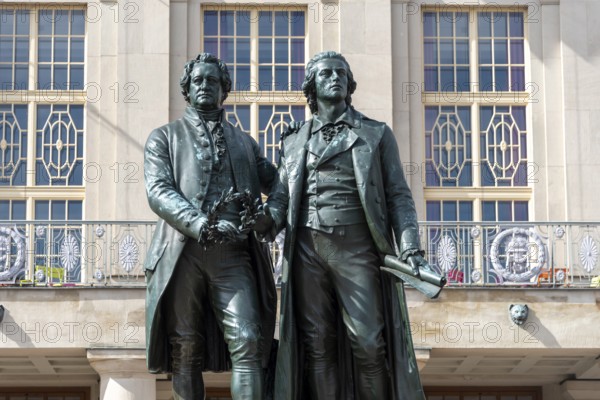 Goethe Schiller Memorial in front of the German National Theatre in Weimar, Thuringia, Germany