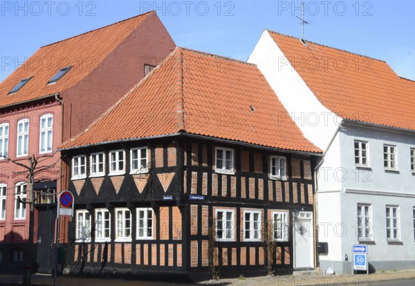 Typical red Danish half-timbered house in Assens, Funen island, Denmark, Scandinavia