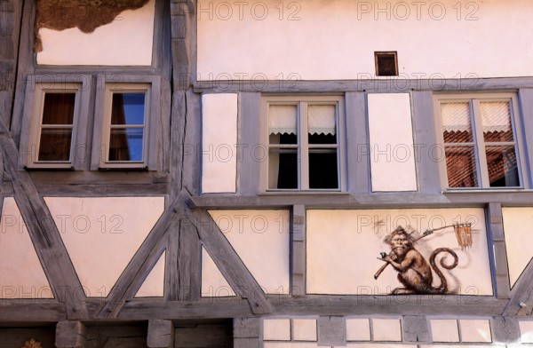 Half-timbered house, historic façade of the house, No. 1, city of Heideck in the district of Roth, Middle Franconia, Bavaria, Germany
