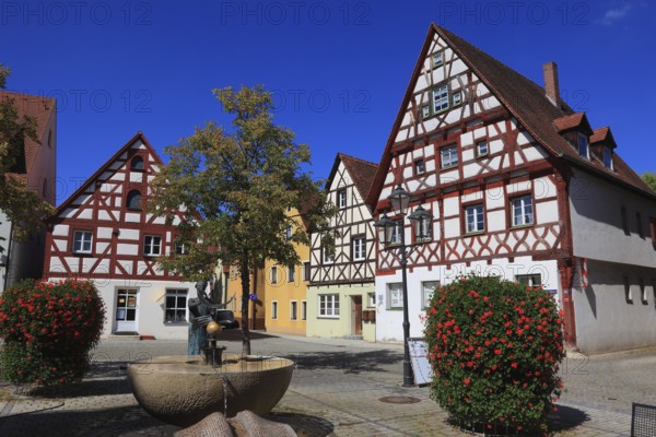Half-timbered houses and fountains on Rathausplatz, city of Heideck in the district of Roth, Middle Franconia, Bavaria, Germany