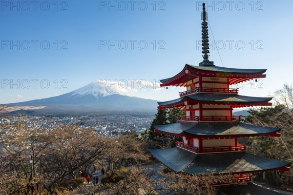 Five-story pagoda of a Shinto Shrine, Chureito Pagoda, with views of Fujiyoshida City and Mount Fuji Volcano, Arakura Fuji Sengen Shrine, Arakurayama Sengen Park, Yamanashi Prefecture, Japan