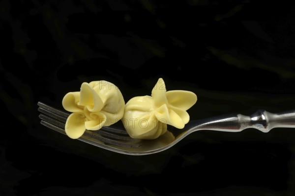 Saccottini, type of Italian pasta on fork, pasta from Italy