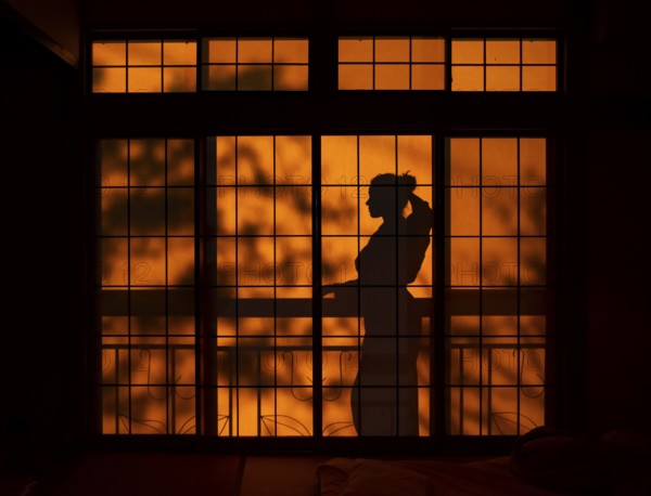 Shadows of a woman in kimono, on the balcony behind sliding shoji doors in a traditional Japanese house, Yamanouchi, Nagano, Japan