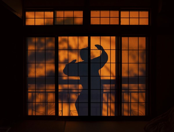Shadows of a woman in kimono, on the balcony behind sliding shoji doors in a traditional Japanese house, ninja, Yamanouchi, Nagano, Japan