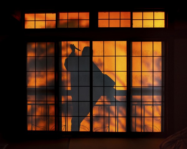 Shadow of a man, burglar with knife, assassin, ninja, on the balcony behind sliding shoji doors in a traditional Japanese house, Yamanouchi, Nagano, Japan