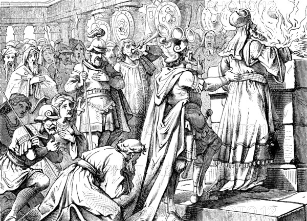 Judas and his brothers sacrifice on the rebuilt altar, First Book of the Maccabees, chapter 4, sanctuary, song, music, trumpets, pipes, cymbals, praise God, happiness, sacrifice of thanks, jewelry, prayer, soldiers, Judas, people of Israel, Old Testament, Bible, historical illustration 1877