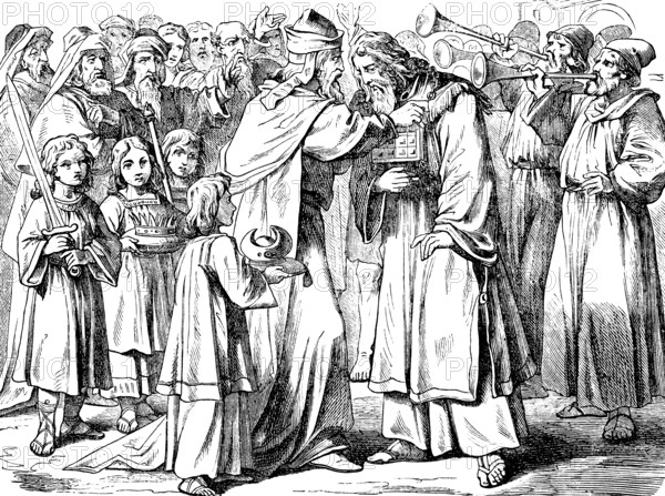 Simon is elected high priest and prince of the Jews, first book of the Maccabees, chapter 14, elect, regent, happiness, peace, celebration, appointment, ceremony, musicians, trumpets, children, sword, crown, symbols of power, priest, Old Testament, Bible, historical illustration 1877