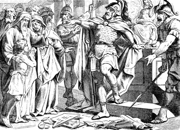 King Antiochus had the law books torn apart and many of the people fell away from the Law of God, First Book of the Maccabees, chapter 1, ungodly, obedience, books, disobedience, expel the people of Israel, children, woman, men, soldiers, helmet, sword, command, unbelieving, Old Testament, Bible, historical illustration 1877