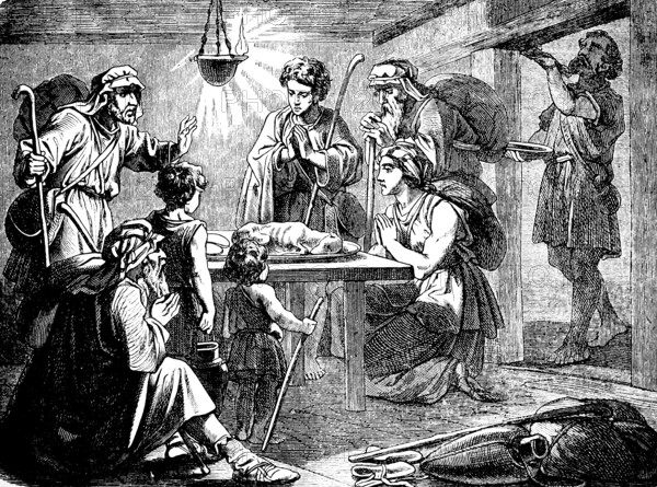 Easter Lamb Foundation, One Should Eat in a House, Second Book of Moses, Chapter 12, Circumcision, Room, Table, Oil Lamp, Pray, Group, Keep Passover, Old Testament, Bible, Historical Illustration 1877